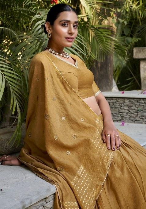 Yellow Embroidered Chanderi Lehenga Set With Dupatta — view on Indya