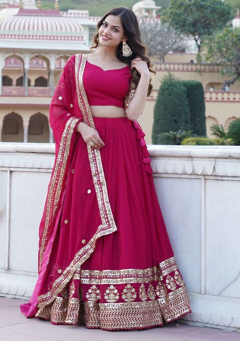 Pink Embroidered Georgette Lehenga Set With Dupatta - Indya