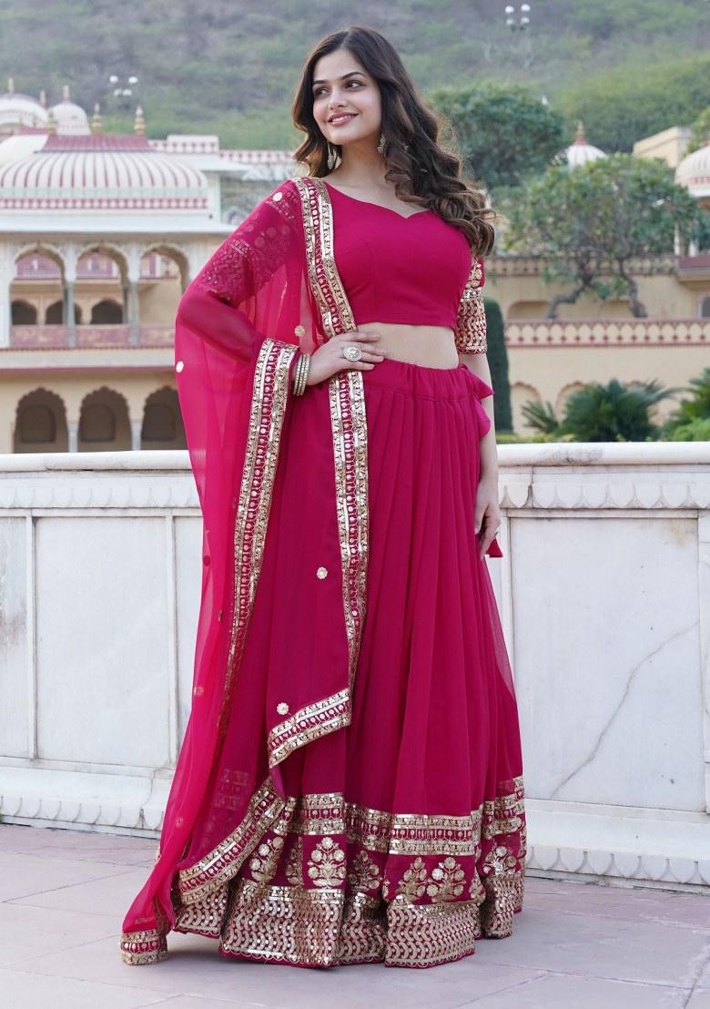 Pink Embroidered Georgette Lehenga Set With Dupatta