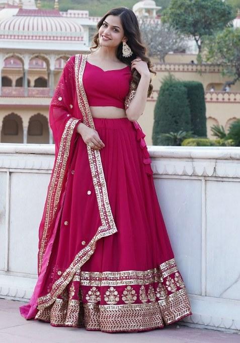 Pink Embroidered Georgette Lehenga Set With Dupatta