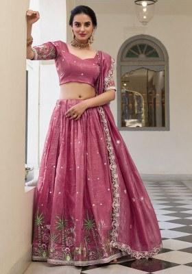 Pink Embroidered Organza Lehenga Set With Dupatta