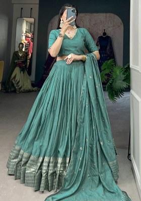 Green Embroidered Chanderi Lehenga Set With Dupatta