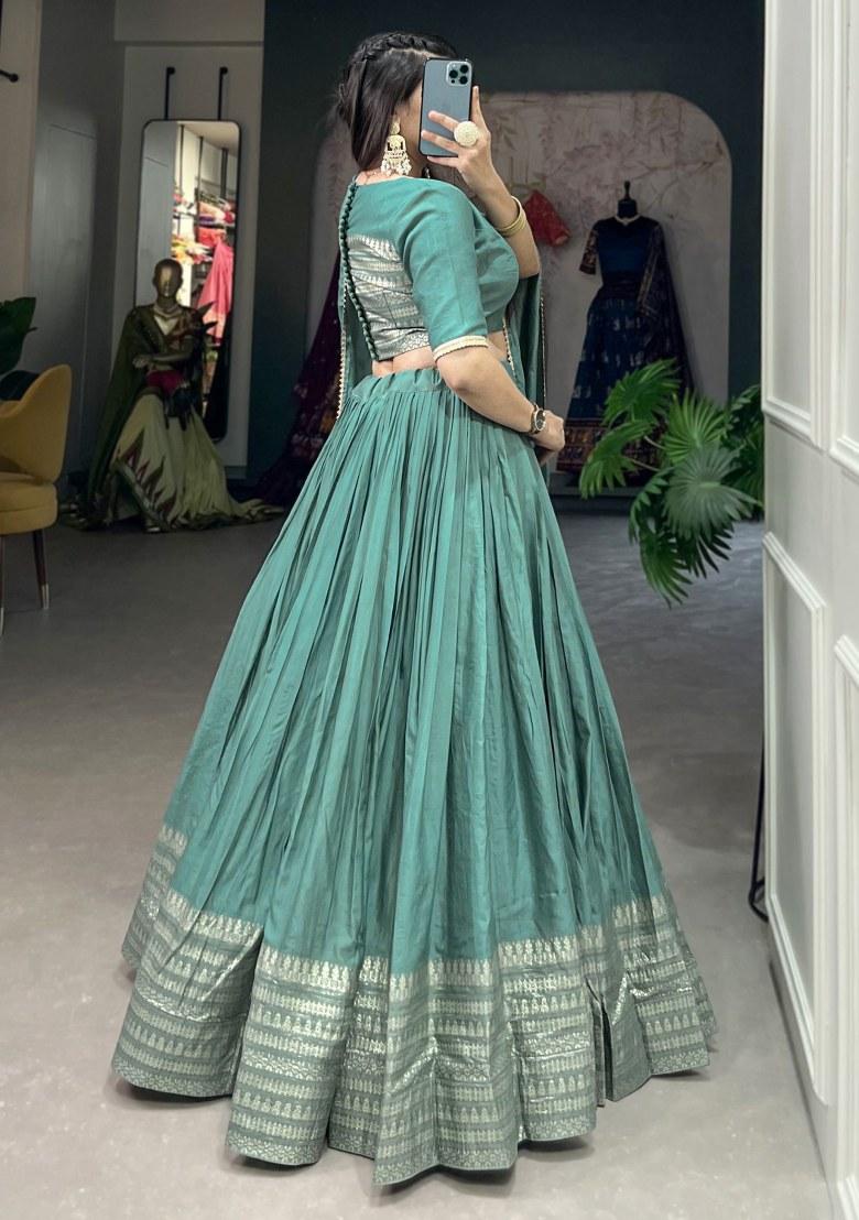 Green Embroidered Chanderi Lehenga Set With Dupatta