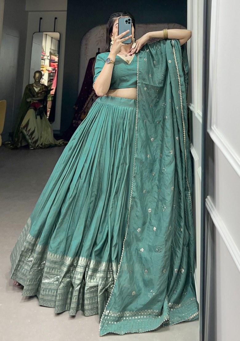 Green Embroidered Chanderi Lehenga Set With Dupatta