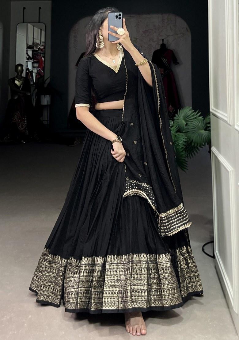 Black Embroidered Chanderi Lehenga Set With Dupatta