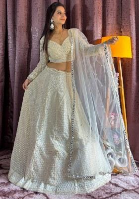 Off White Embroidered Georgette Lehenga Set With Dupatta