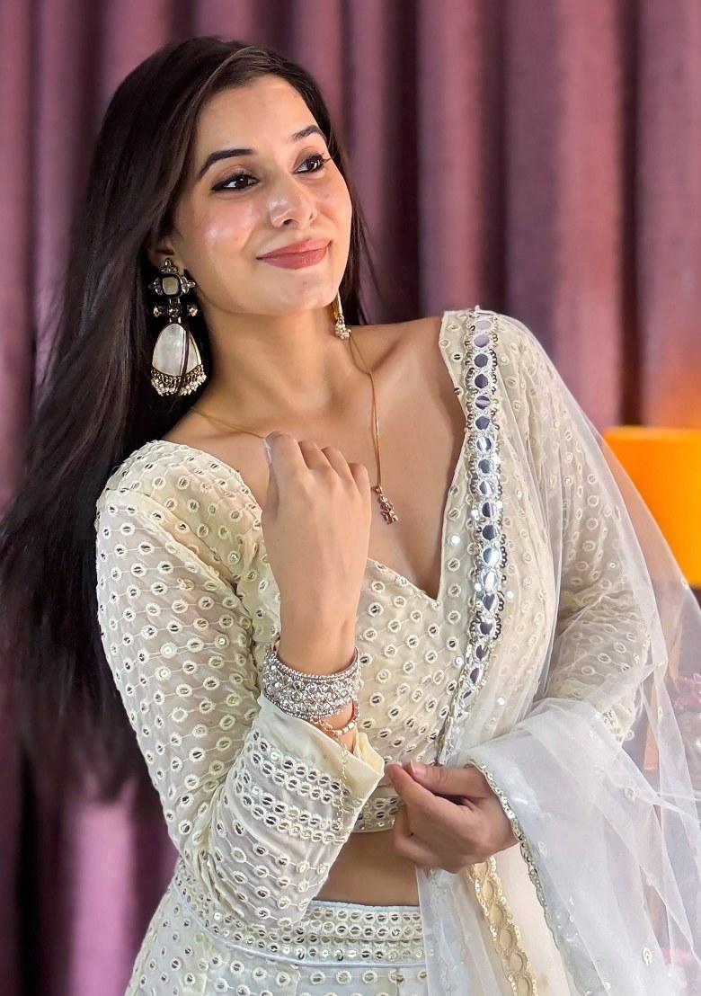 Off White Embroidered Georgette Lehenga Set With Dupatta