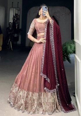 Peach Embroidered Organza Lehenga Set With Dupatta