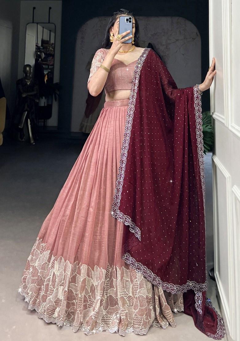 Peach Embroidered Organza Lehenga Set With Dupatta