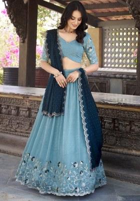 Sky Blue Embroidered Organza Lehenga Set With Dupatta