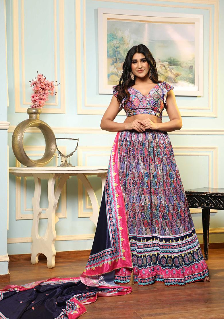 Multicolor Digital Print Satin Silk Lehenga Set