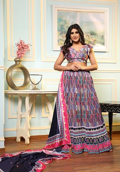 Multicolor Digital Print Satin Silk Lehenga Set