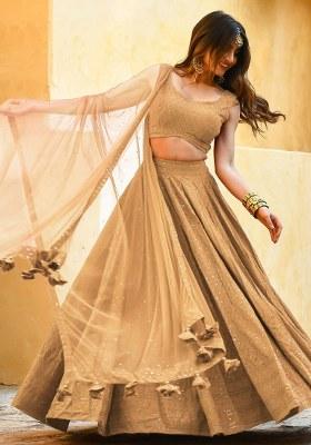 Beige Embroidered Georgette Lehenga Set With Dupatta