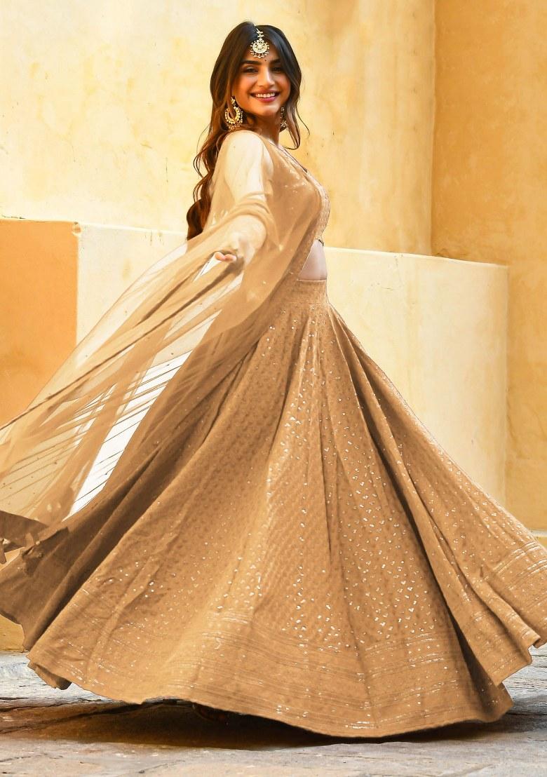 Beige Embroidered Georgette Lehenga Set With Dupatta