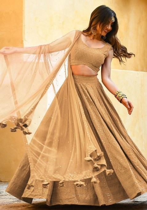 Beige Embroidered Georgette Lehenga Set With Dupatta