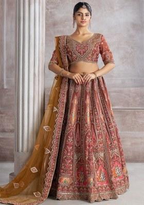 Brown Embroidered Silk Lehenga Set With Dupatta