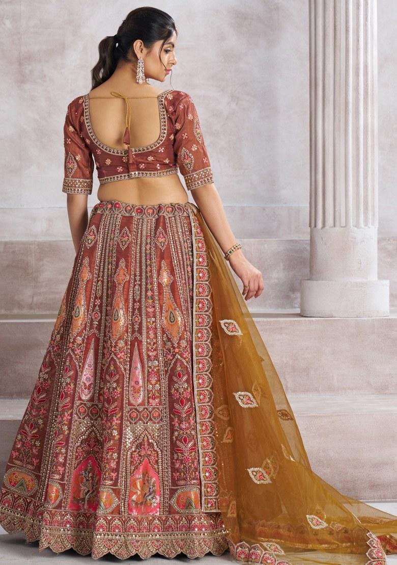Brown Embroidered Silk Lehenga Set With Dupatta