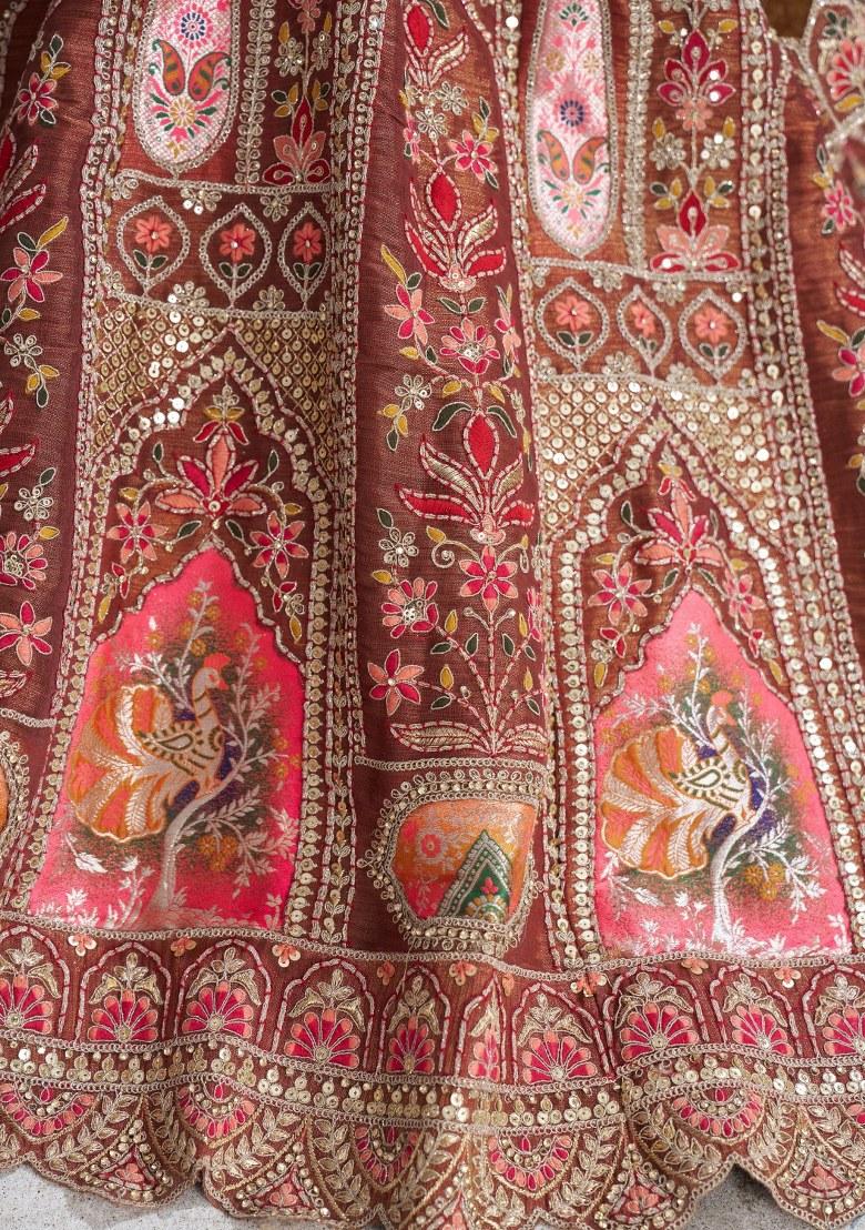 Brown Embroidered Silk Lehenga Set With Dupatta