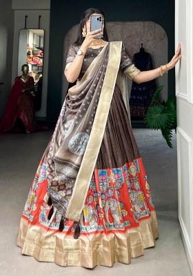 Brown Printed Silk Lehenga Set With Dupatta