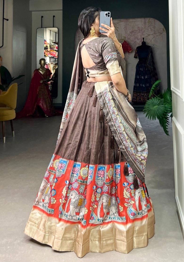 Brown Printed Silk Lehenga Set With Dupatta