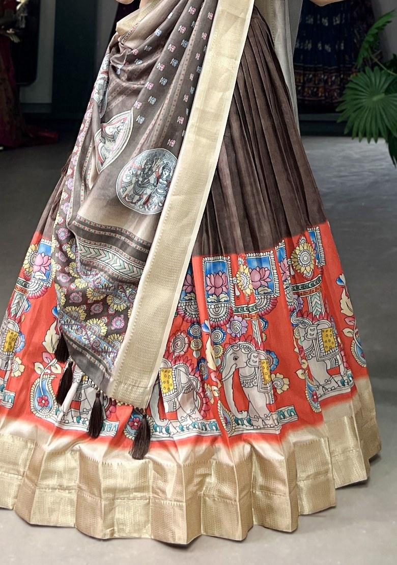 Brown Printed Silk Lehenga Set With Dupatta