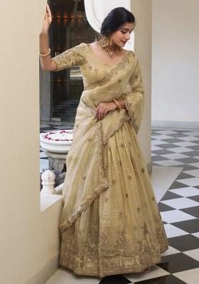 Cream Embroidered Organza Lehenga Set With Dupatta