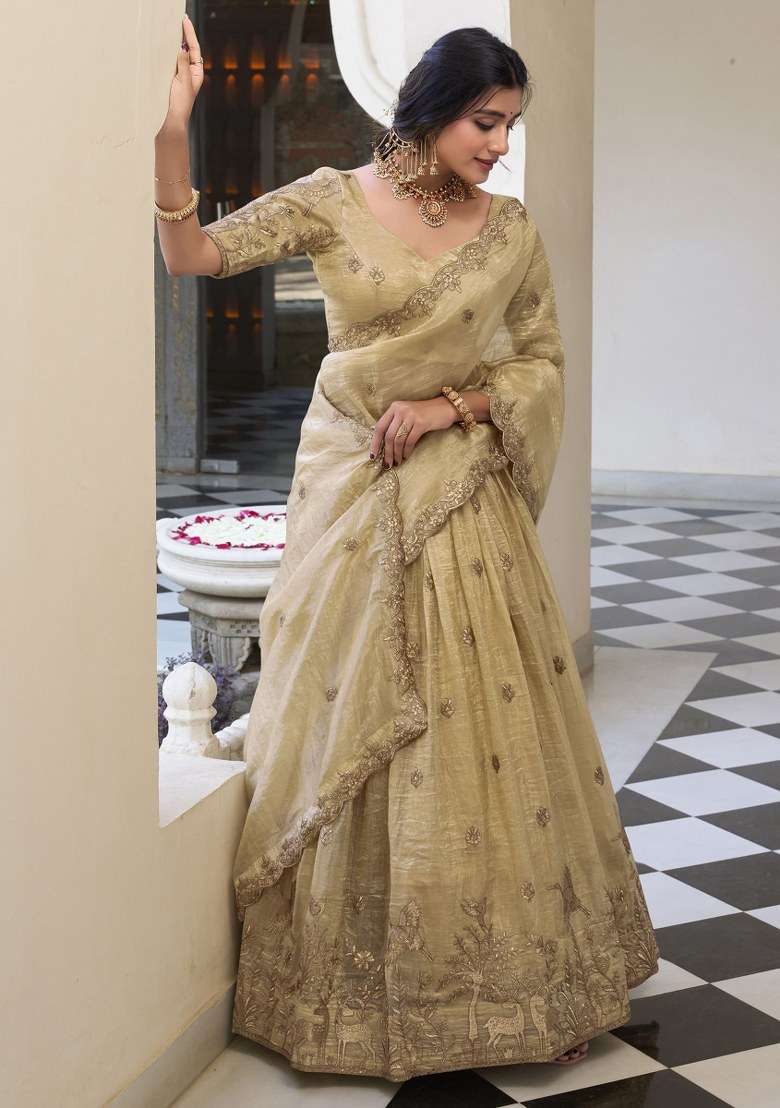 Cream Embroidered Organza Lehenga Set With Dupatta for Diwali and Festive Wear - Indya
