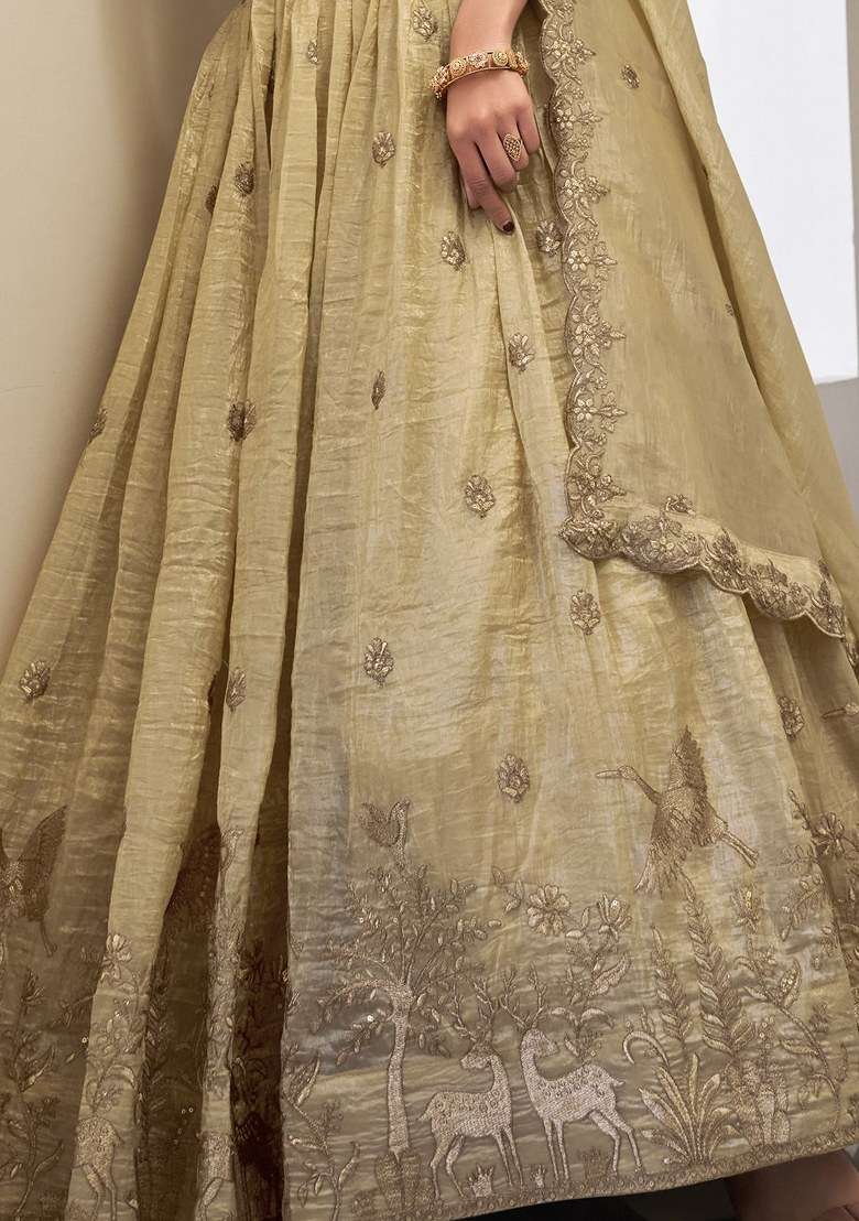 Cream Embroidered Organza Lehenga Set With Dupatta for Diwali and Festive Wear - Indya