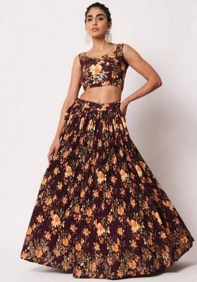 Purple Embroidered Silk Lehenga Set With Dupatta