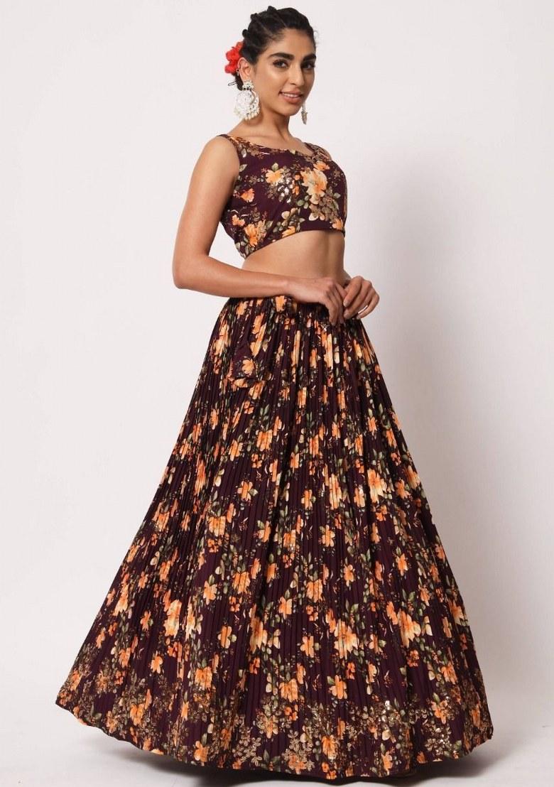 Purple Embroidered Silk Lehenga Set With Dupatta