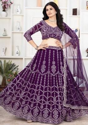 Purple Embroidered Georgette Lehenga Set With Dupatta