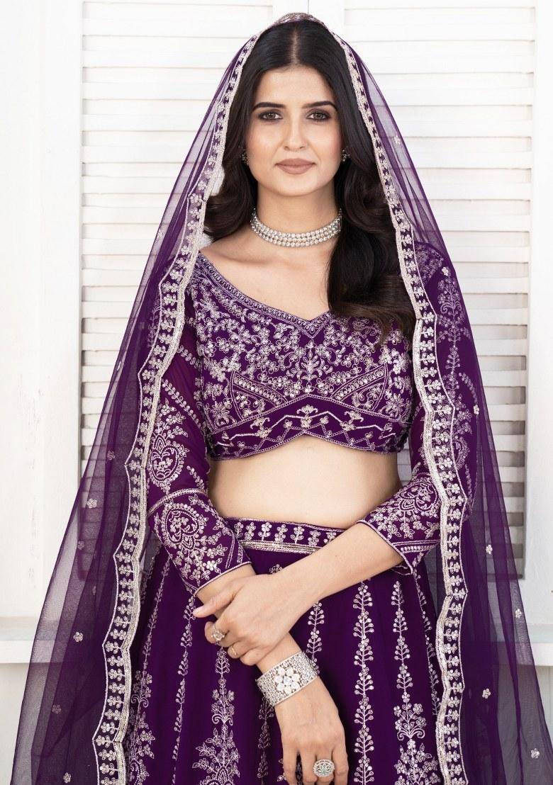 Purple Embroidered Georgette Lehenga Set With Dupatta