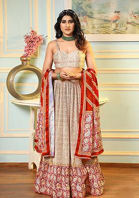 Cream Digital Print Satin Silk Lehenga Set