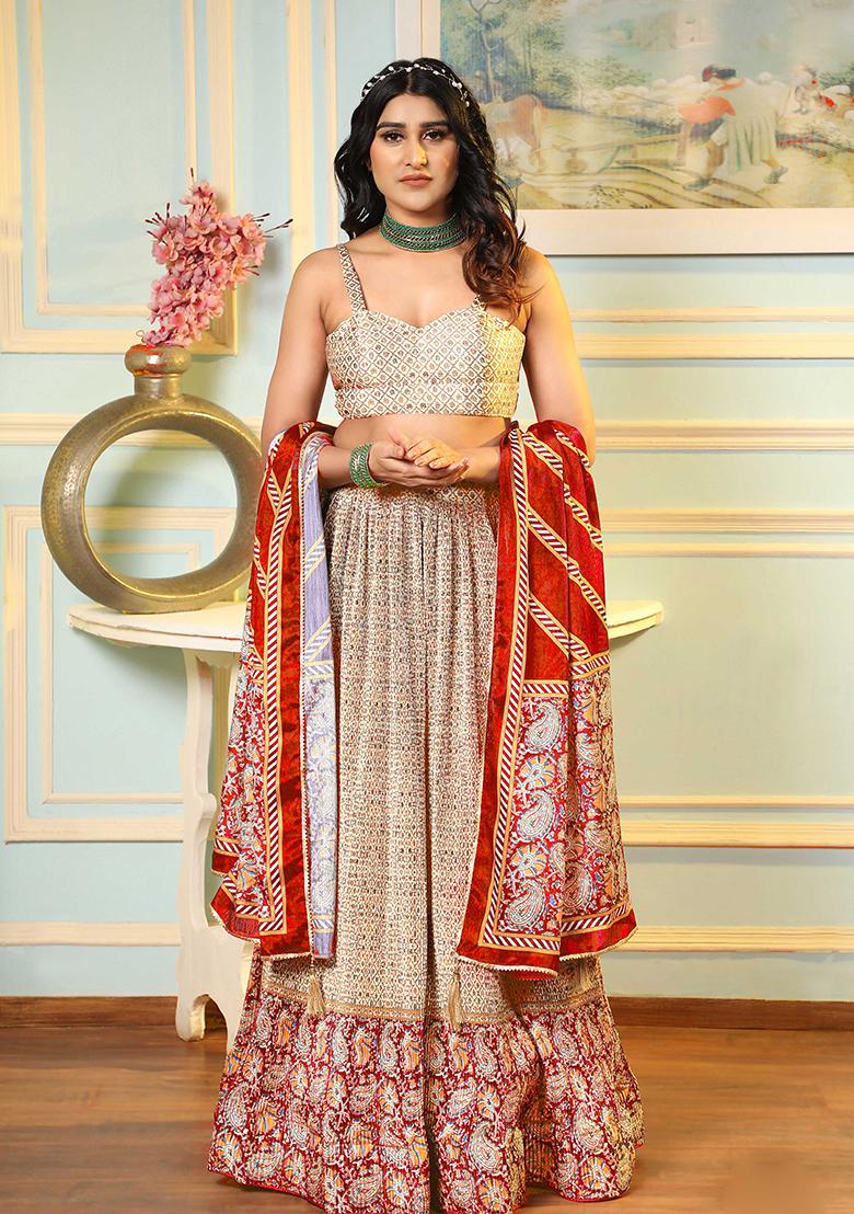 Cream Digital Print Satin Silk Lehenga Set