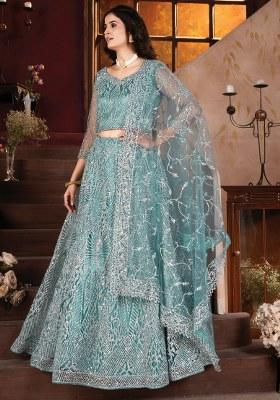 Sky Blue Embroidered Net Lehenga Set With Dupatta