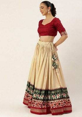 Off White Printed Silk Lehenga Set With Dupatta