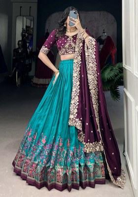 Blue Printed Silk Lehenga Set With Dupatta