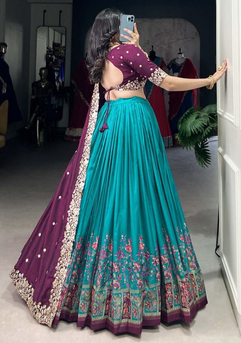 Blue Printed Silk Lehenga Set With Dupatta