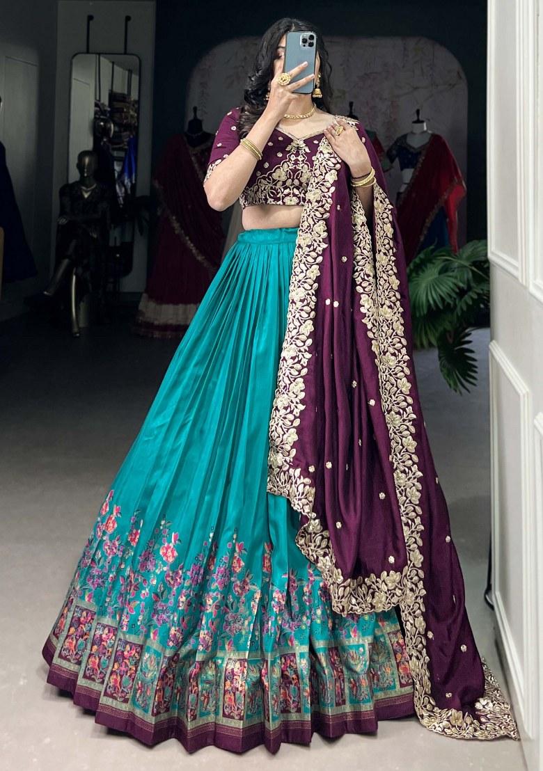 Blue Printed Silk Lehenga Set With Dupatta