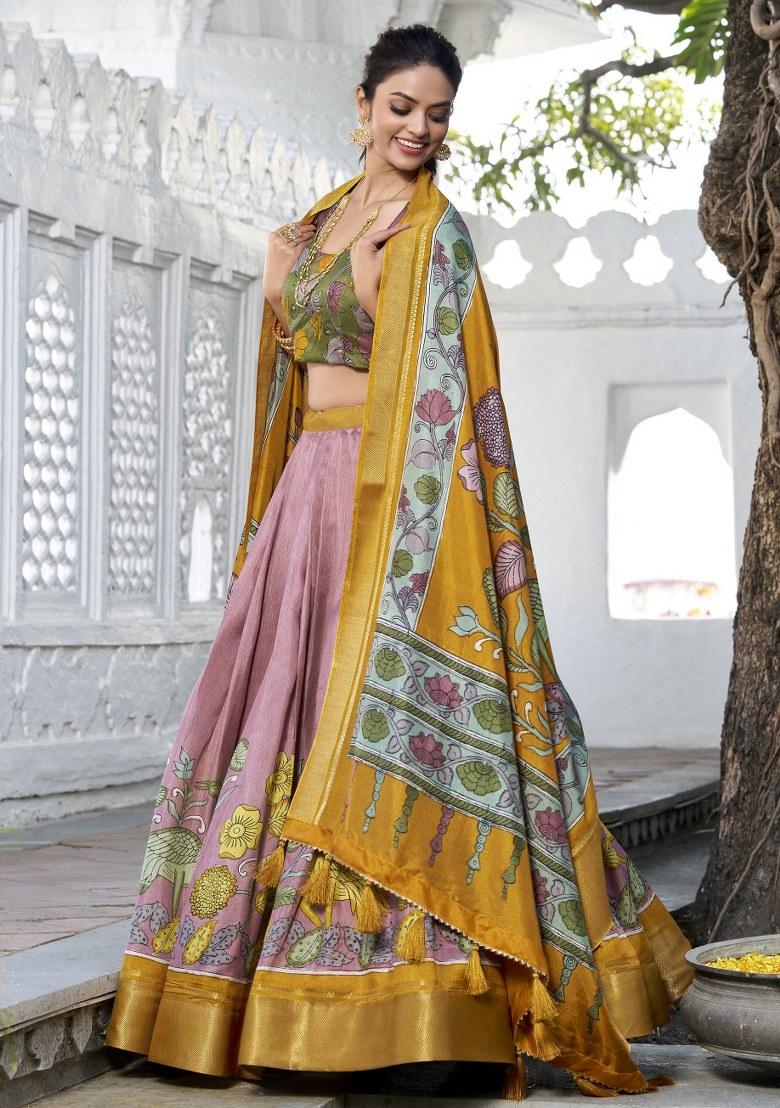 Purple Printed Silk Lehenga Set With Dupatta