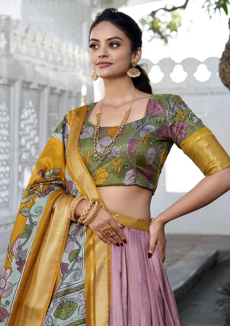 Purple Printed Silk Lehenga Set With Dupatta