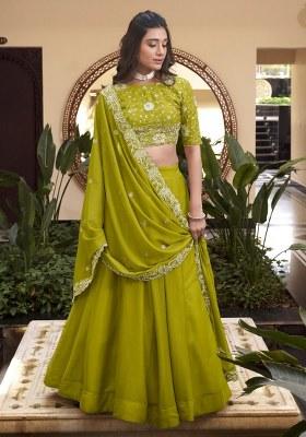Green Embroidered Georgette Lehenga Set With Dupatta