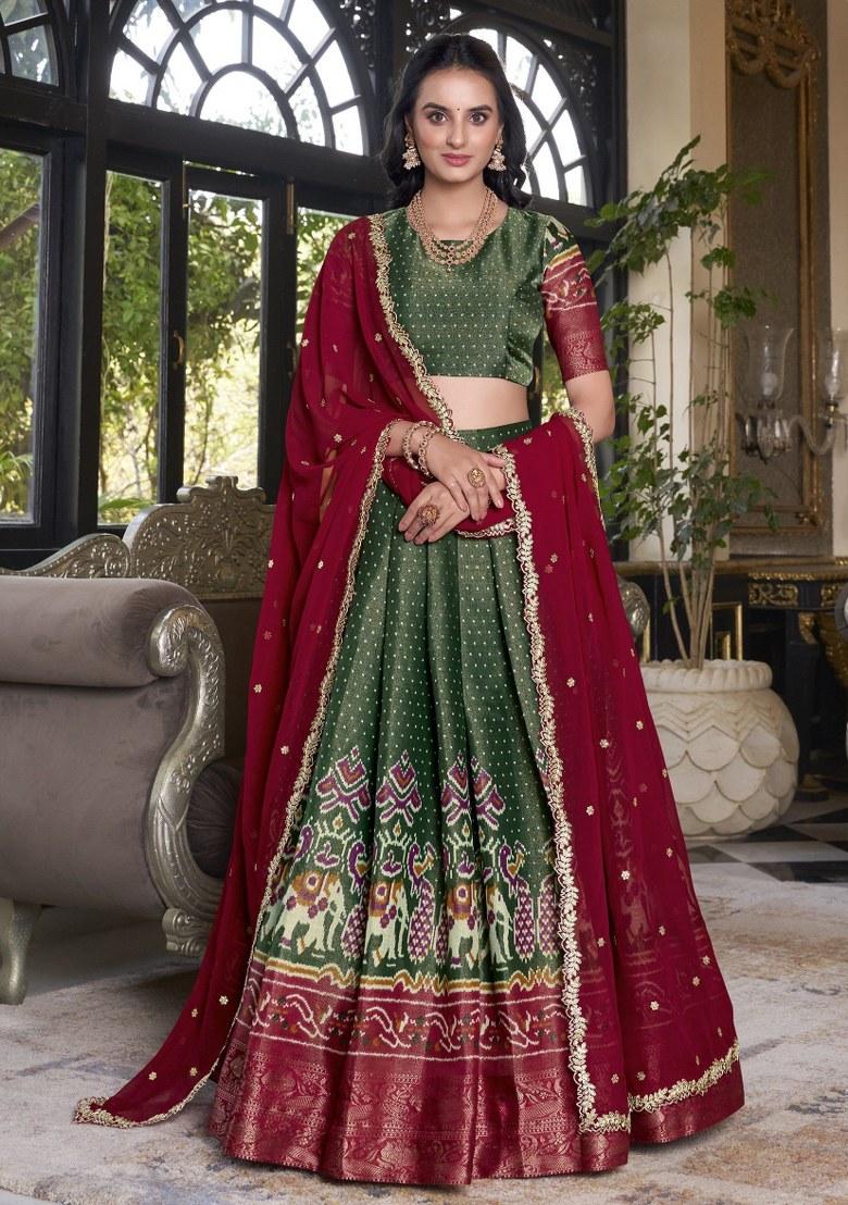Green Printed Silk Lehenga Set With Dupatta