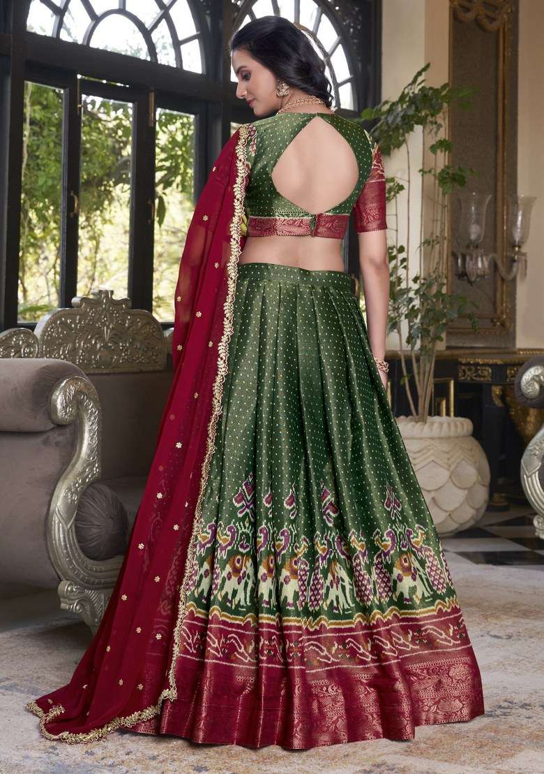 Green Printed Silk Lehenga Set With Dupatta - Indya