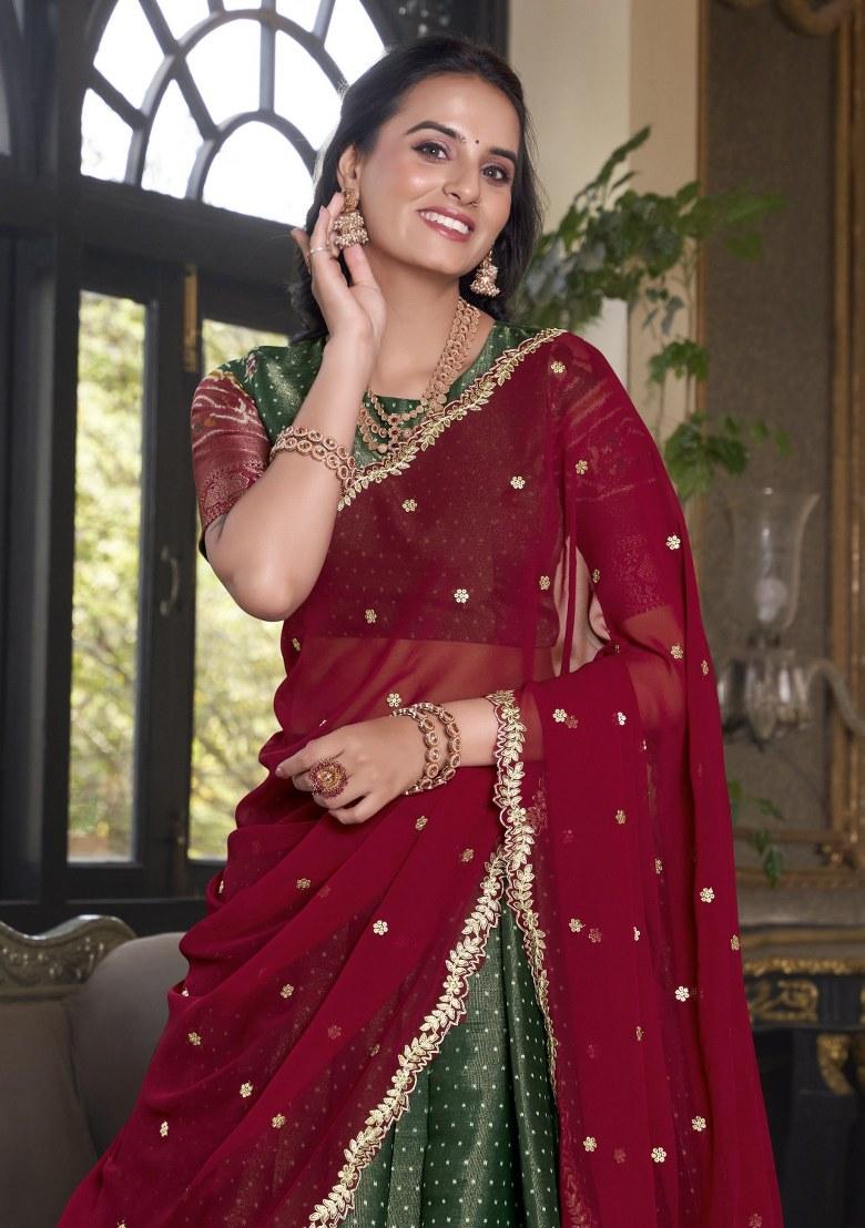 Green Printed Silk Lehenga Set With Dupatta