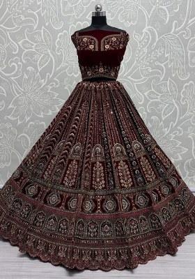 Maroon Embroidered Velvet Lehenga Set With Dupatta