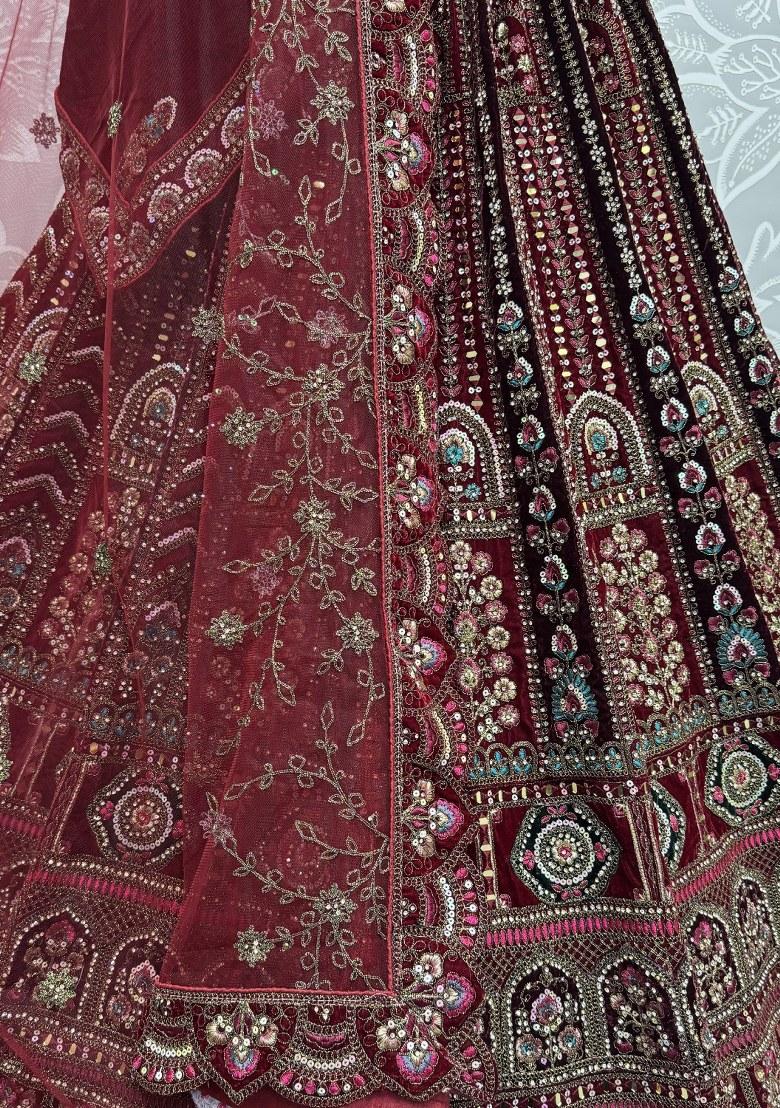 Maroon Embroidered Velvet Lehenga Set With Dupatta