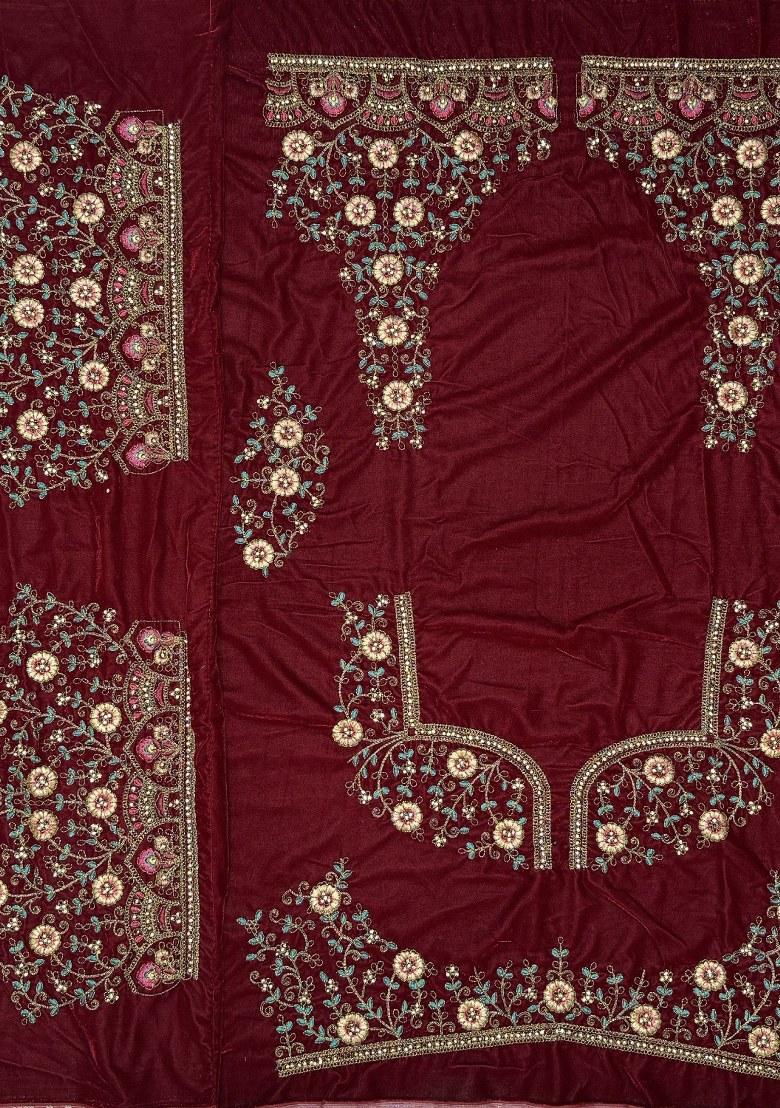 Maroon Embroidered Velvet Lehenga Set With Dupatta