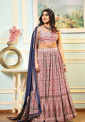 Beige Digital Print Satin Silk Lehenga Set