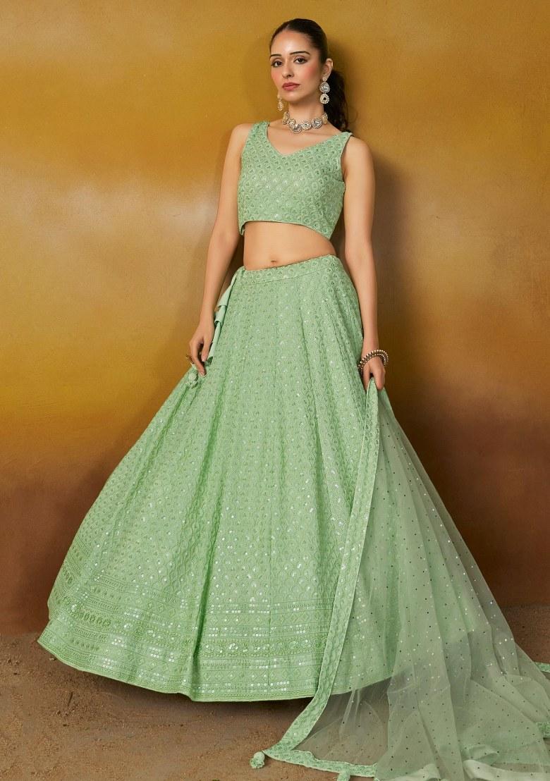Green Embroidered Georgette Lehenga Set With Dupatta